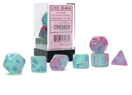 Gamers Guild AZ Chessex CHX26464 - Chessex  7 Die Set Gemini Gel Green-Pink/Blue Luminary Chessex