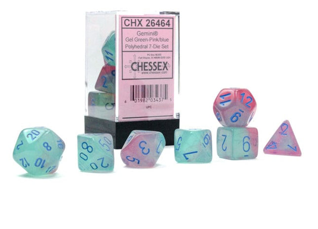 Gamers Guild AZ Chessex CHX26464 - Chessex  7 Die Set Gemini Gel Green-Pink/Blue Luminary Chessex