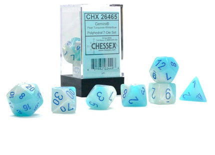 Gamers Guild AZ Chessex CHX26465 - Chessex 7 Die Set Gemini Pearl Turquoise-White/Blue Luminary Chessex