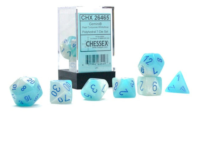 Gamers Guild AZ Chessex CHX26465 - Chessex 7 Die Set Gemini Pearl Turquoise-White/Blue Luminary Chessex