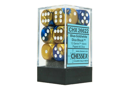 Gamers Guild AZ Chessex CHX26622 - Chessex 16mm Set of 12 D6 Gemini Blue-Gold/White Chessex