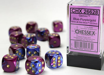 Gamers Guild AZ Chessex CHX26628 - Chessex 16mm Set of 12 D6 Gemini Blue-Purple/Gold Chessex
