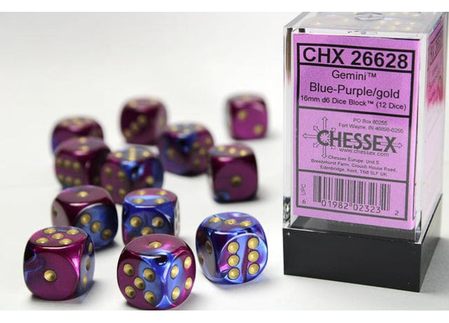 Gamers Guild AZ Chessex CHX26628 - Chessex 16mm Set of 12 D6 Gemini Blue-Purple/Gold Chessex
