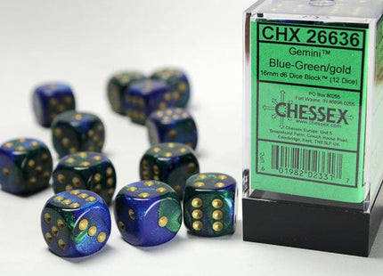Gamers Guild AZ Chessex CHX26636 - Chessex 16mm Set of 12 D6 Gemini Blue-Green/Gold Chessex
