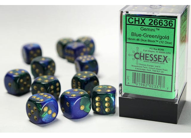 Gamers Guild AZ Chessex CHX26636 - Chessex 16mm Set of 12 D6 Gemini Blue-Green/Gold Chessex