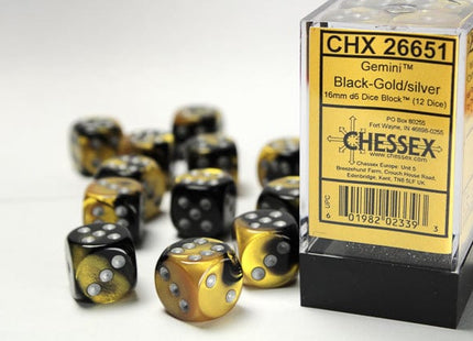 Gamers Guild AZ Chessex CHX26651 - Chessex 16mm Set of 12 D6 Gemini Black-Gold/Silver Chessex