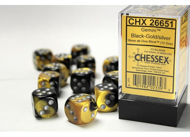Gamers Guild AZ Chessex CHX26651 - Chessex 16mm Set of 12 D6 Gemini Black-Gold/Silver Chessex