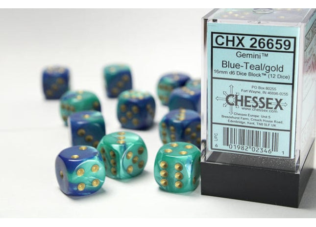 Gamers Guild AZ Chessex CHX26659 - Chessex 16mm Set of 12 D6 Gemini Blue-Teal/Gold Chessex