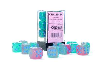 Gamers Guild AZ Chessex CHX26664 - Chessex 16mm D6 Gemini Gel Green-Pink/Blue Luminary Chessex