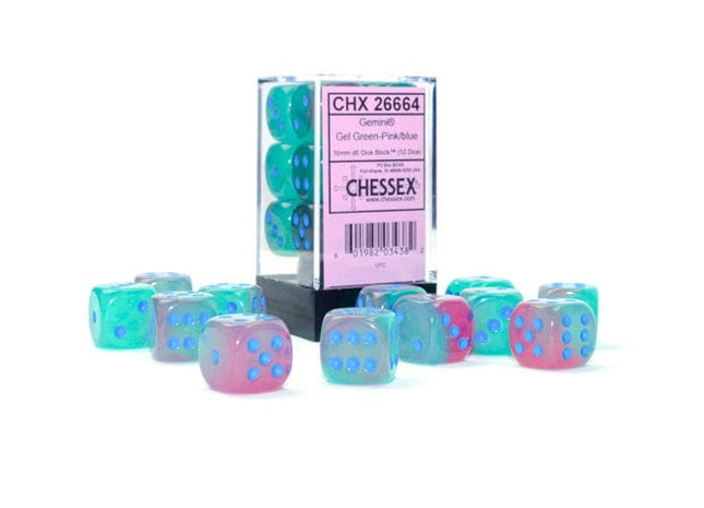 Gamers Guild AZ Chessex CHX26664 - Chessex 16mm D6 Gemini Gel Green-Pink/Blue Luminary Chessex
