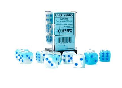 Gamers Guild AZ Chessex CHX26665 - Chessex  16mm D6 Gemini Pearl Turquoise-White/Blue Luminary Chessex