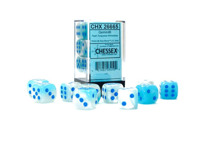 Gamers Guild AZ Chessex CHX26665 - Chessex  16mm D6 Gemini Pearl Turquoise-White/Blue Luminary Chessex