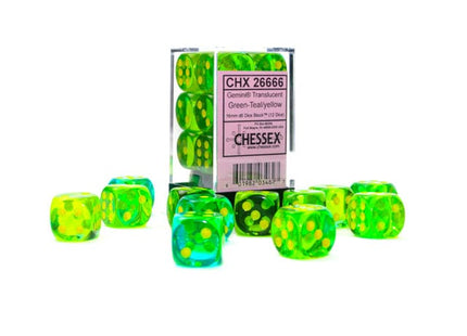 Gamers Guild AZ Chessex CHX26666 - Chessex 16mm D6 Gemini Translucent Green-Teal/Yellow Chessex