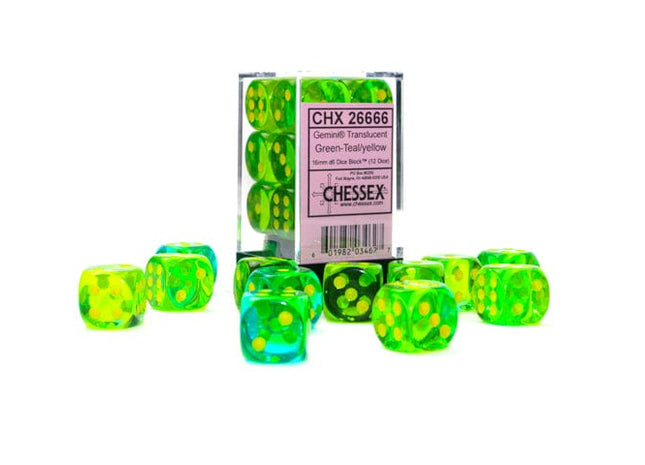 Gamers Guild AZ Chessex CHX26666 - Chessex 16mm D6 Gemini Translucent Green-Teal/Yellow Chessex