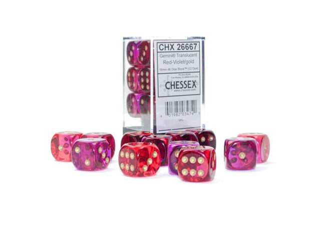 Gamers Guild AZ Chessex CHX26667 - Chessex 16mm D6 Gemini Translucent Red-Violet/Gold Chessex