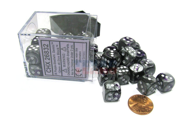 Gamers Guild AZ Chessex CHX26832 - Chessex 12mm Purple Steel / White Gemini Chessex