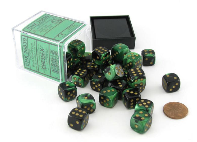 Gamers Guild AZ Chessex CHX26839 - Chessex 12mm Black Green/Gold Gemini Chessex