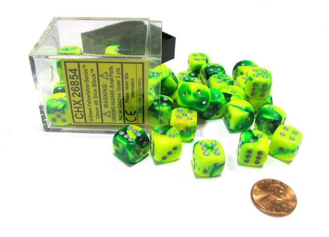 Gamers Guild AZ Chessex CHX26854 - Chessex  12mm Green Yellow/Silver Gemini Chessex