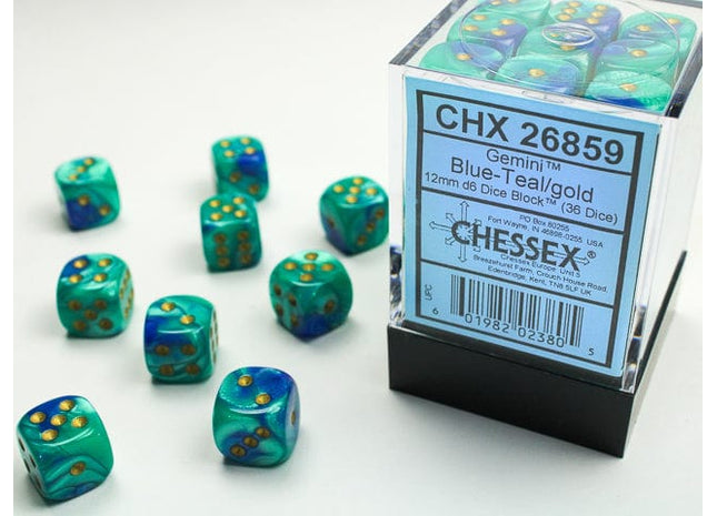Gamers Guild AZ Chessex CHX26859 -  Chessex 12mm D6 Blue – Teal/ Gold Gemini Chessex