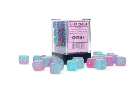 Gamers Guild AZ Chessex CHX26864 - Chessex 12mm D6 Gemini  Gel Green-Pink/Blue Luminary Chessex