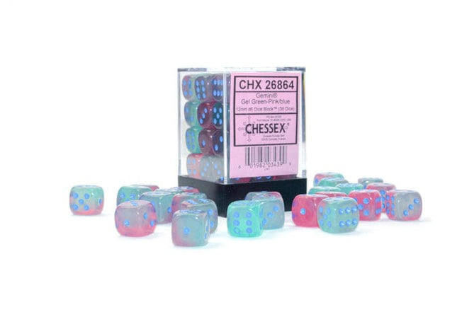 Gamers Guild AZ Chessex CHX26864 - Chessex 12mm D6 Gemini  Gel Green-Pink/Blue Luminary Chessex