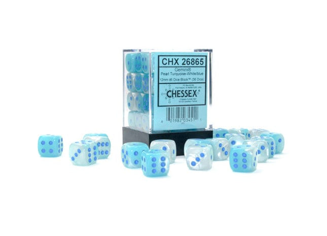 Gamers Guild AZ Chessex CHX26865 - Chessex 12mm D6 Gemini Pearl Turquoise-White/Blue Luminary Chessex