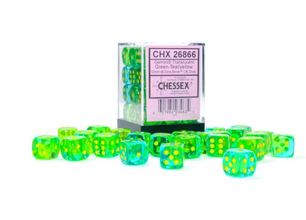 Gamers Guild AZ Chessex CHX26866 - Chessex  12mm D6 Gemini Translucent Green-Teal/Yellow Chessex