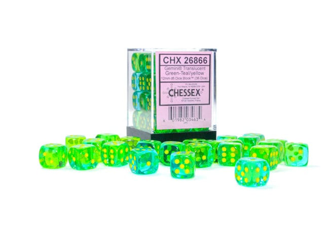 Gamers Guild AZ Chessex CHX26866 - Chessex  12mm D6 Gemini Translucent Green-Teal/Yellow Chessex