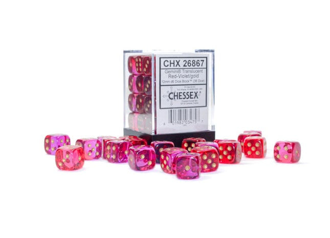 Gamers Guild AZ Chessex CHX26867 - Chessex 12mm D6 Gemini Translucent Red-Violet/Gold Chessex