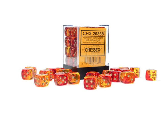 Gamers Guild AZ Chessex CHX26868 - Chessex 12mm D6 Gemini Translucent Red-Yellow/Gold Chessex