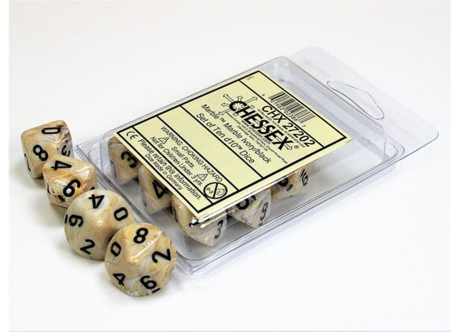 Gamers Guild AZ Chessex CHX27202 - Chessex Set of Ten D10 Marble Ivory / Black Chessex