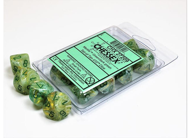 Gamers Guild AZ Chessex CHX27209 - Chessex Set of Ten D10 Marble Green / Dark Green Chessex