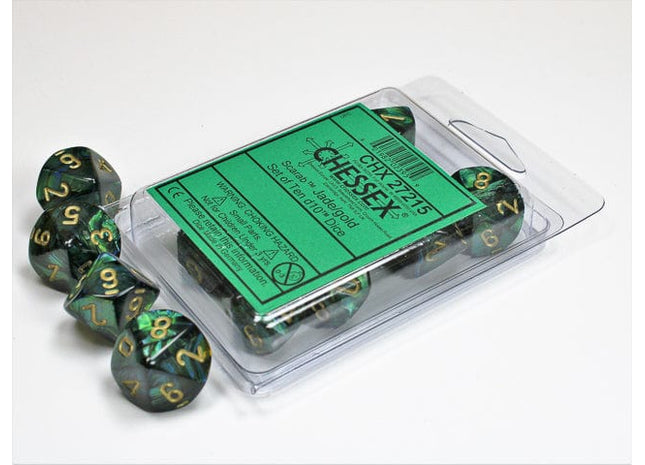 Gamers Guild AZ Chessex CHX27215 - Chessex Set of Ten D10 Scarab Jade / Gold Chessex