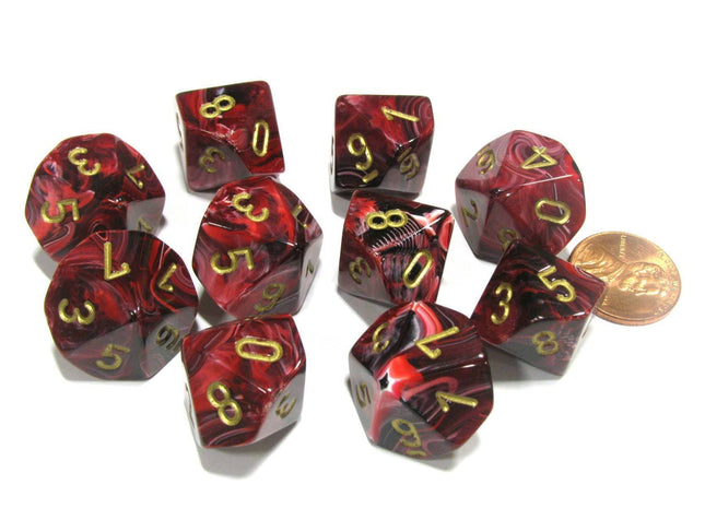 Gamers Guild AZ Chessex CHX27234 - Chessex Set of Ten d10 Vortex Burgundy / Gold Chessex