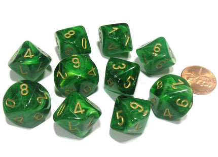 Gamers Guild AZ Chessex CHX27235 - Chessex Set of Ten D10 Vortex Green / Gold Chessex