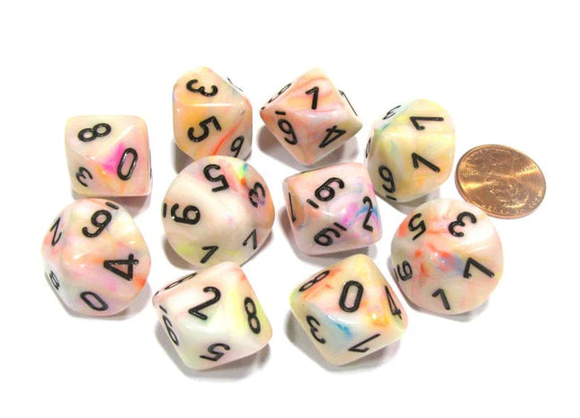 Gamers Guild AZ Chessex CHX27242 - Chessex Set of Ten d10 Festive Circus / Black Chessex