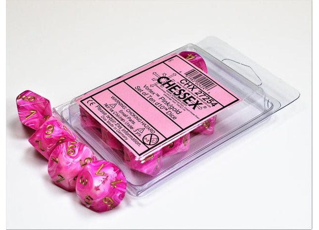 Gamers Guild AZ Chessex CHX27254 - Chessex Set of Ten D10 Vortex Pink / Gold Discontinue