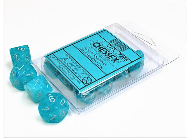Gamers Guild AZ Chessex CHX27265 - Chessex Set of Ten D10 Cirrus Aqua / Silver Chessex