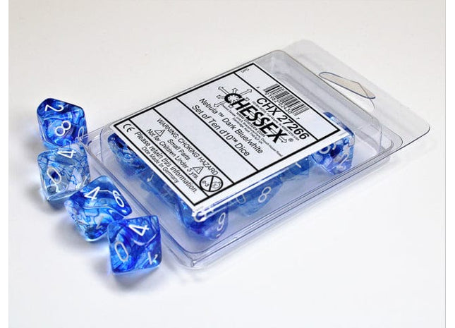 Gamers Guild AZ Chessex CHX27266 - Chessex Set of Ten D10 Nebula Dark Blue / White Chessex