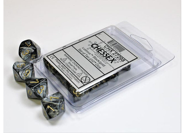 Gamers Guild AZ Chessex CHX27298 - Chessex Set of Ten D10 Lustrous Black / Gold Discontinue
