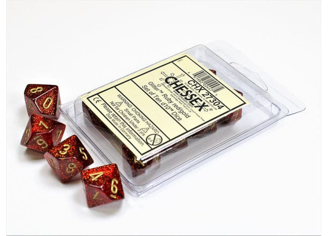 Gamers Guild AZ Chessex CHX27304 - Chessex Set of Ten D10 Glitter Ruby / Gold Chessex