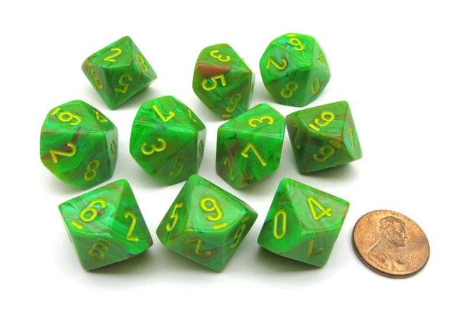 Gamers Guild AZ Chessex CHX27315 - Chessex Set of Ten D10 Vortex Slime / Yellow Chessex