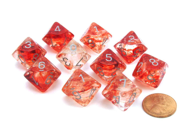 Gamers Guild AZ Chessex CHX27354 - Chessex Set of Ten d10 Nebula Red / Silver Chessex