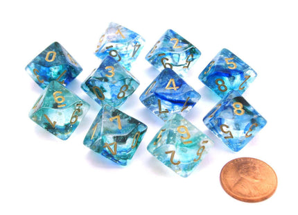 Gamers Guild AZ Chessex CHX27356 - Chessex Set of Ten d10 Nebula Oceanic / Gold Chessex