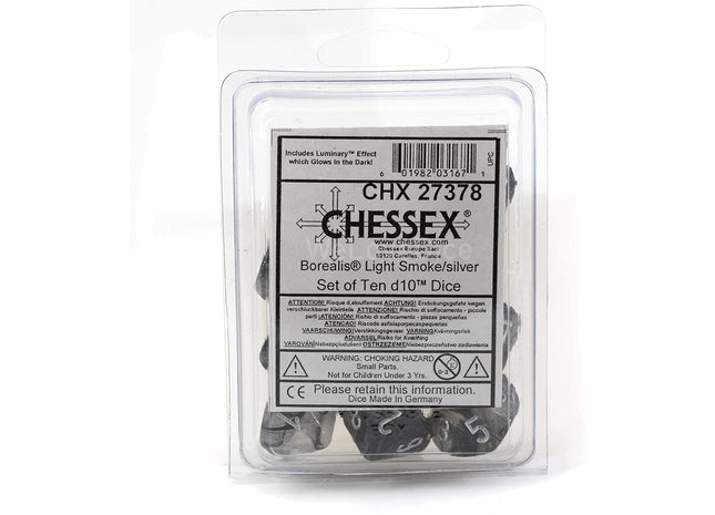 Gamers Guild AZ Chessex CHX27378 - Chessex Set of Ten d10 Borealis Light Smoke/Silver Chessex