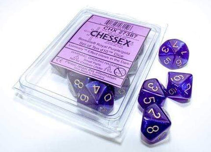 Gamers Guild AZ Chessex CHX27387 - Chessex Set of Ten d10 Borealis Royal Purple/Gold Chessex