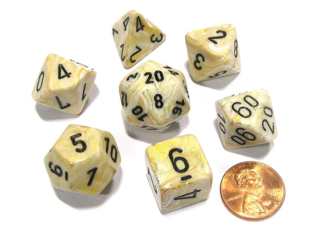 Gamers Guild AZ Chessex CHX27402 - Chessex 7 Die Set Ivory/Black Marble Chessex