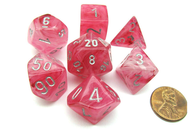 Gamers Guild AZ Chessex CHX27524 -  Chessex 7 Die Set Ghost Glow Pink/Silver Chessex