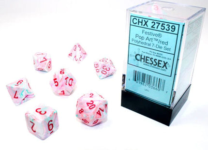 Gamers Guild AZ Chessex CHX27539 -  Chessex 7 Die Set Festive Pop Art/Red Chessex