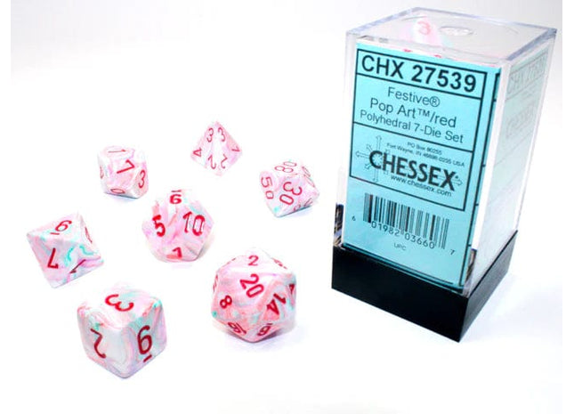 Gamers Guild AZ Chessex CHX27539 -  Chessex 7 Die Set Festive Pop Art/Red Chessex
